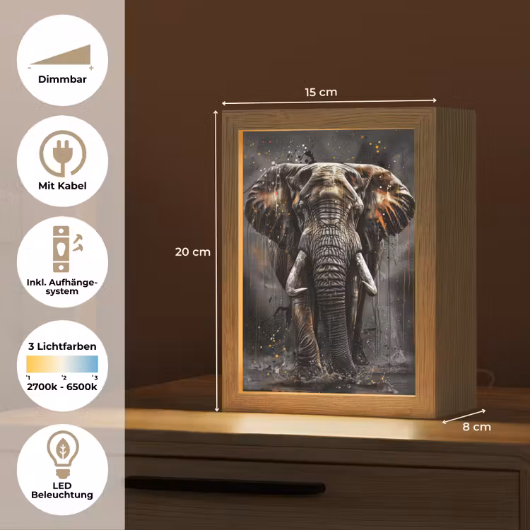 Olifant - Watercolor - Wilde dieren - Luxe Light Box met kabel (Tafellamp) klein -USP_DE