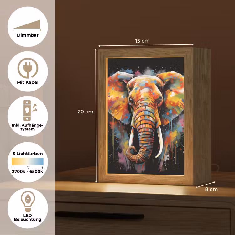 Olifant - Graffiti - Zwart - Dieren - Kleuren Light Box met kabel (Tafellamp) klein -USP_DE