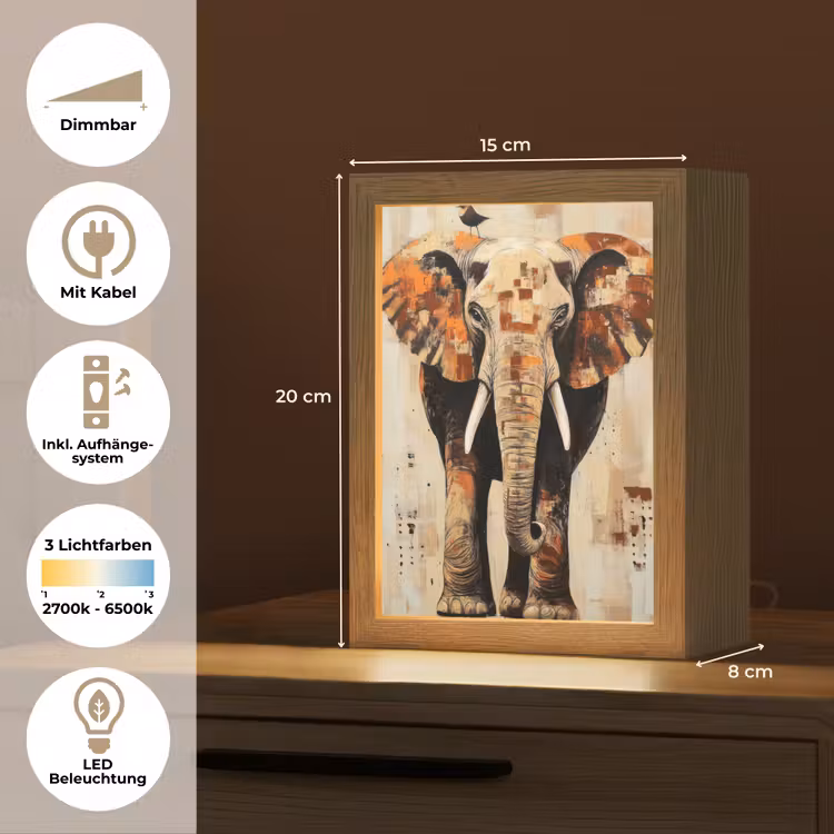 Olifant - Slurf - Mozaïek - Abstract Light Box met kabel (Tafellamp) klein -USP_DE