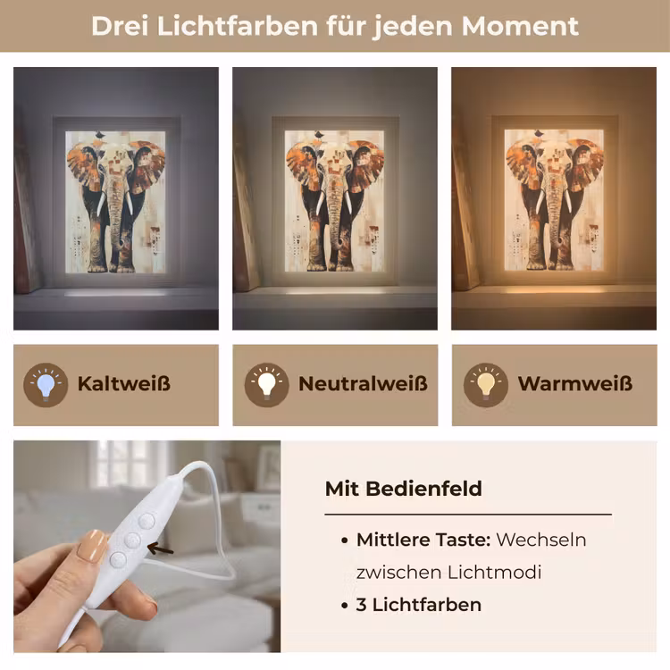 Olifant - Slurf - Mozaïek - Abstract Light Box met kabel (Tafellamp) klein -USP_lichtkleurDE