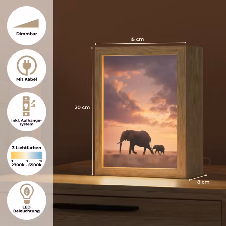 Olifanten - Grasland - Zonsondergang Light Box met kabel (Tafellamp) klein -USP_DE
