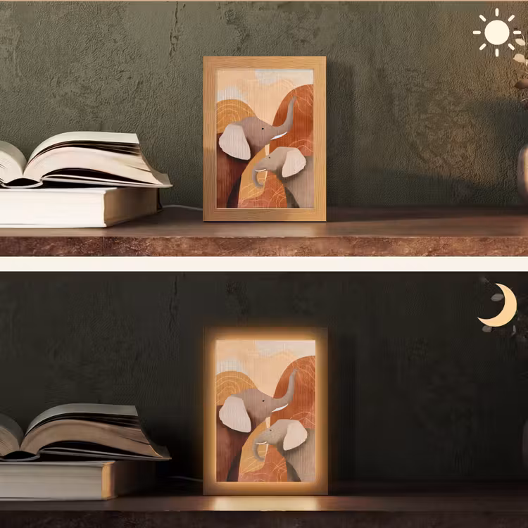 Olifanten - Oranje - Abstract Light Box met kabel (Tafellamp) klein -sfeer3