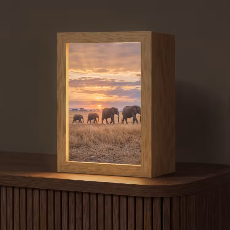 Olifanten - Savanne - Zonsondergang - Afrika - Warm Light Box met kabel (Tafellamp) klein -z3d_website