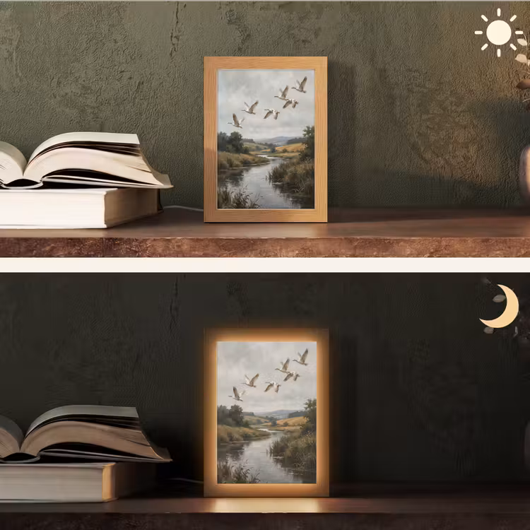 Eenden - Rivier - Landschap - Vlucht - Nostalgisch Light Box met kabel (Tafellamp) klein -sfeer3