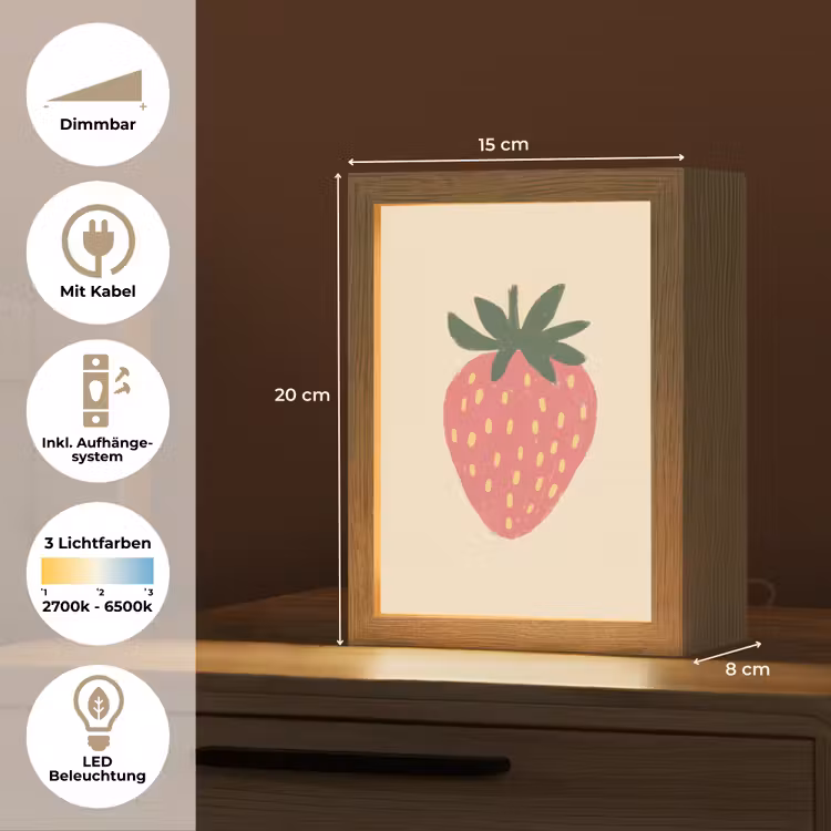 Aardbei - Minimalistisch - Rood - Fruit Light Box met kabel (Tafellamp) klein -USP_DE