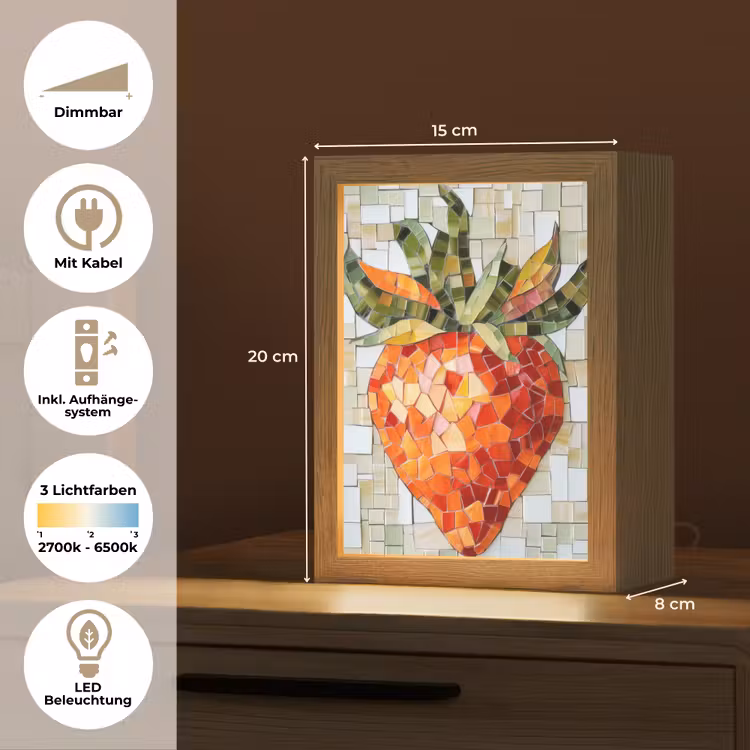 Aardbei - Rood - Mozaïek - Fruit Light Box met kabel (Tafellamp) klein -USP_DE