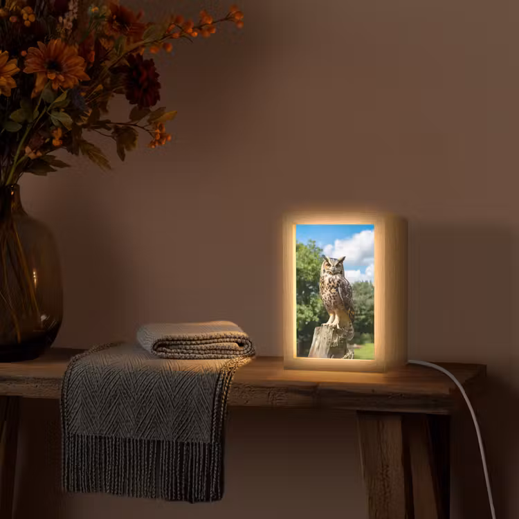 Uil - Boomstronk - Bos - Lucht Light Box met kabel (Tafellamp) klein -sfeer4