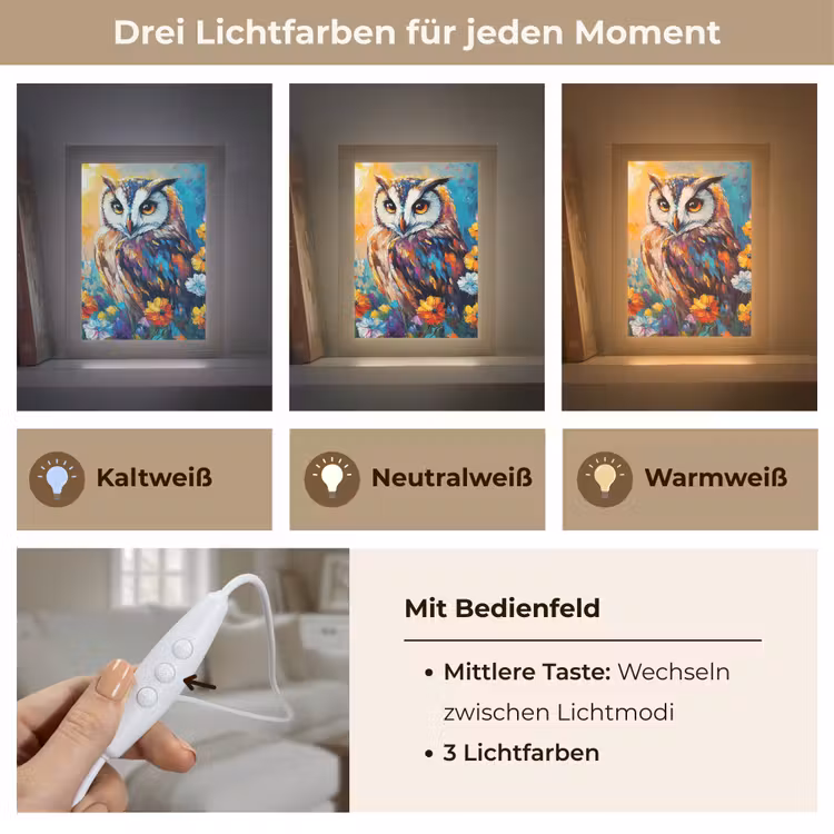 Uil - Bloemen - Kunst - Zonsondergang Light Box met kabel (Tafellamp) klein -USP_lichtkleurDE