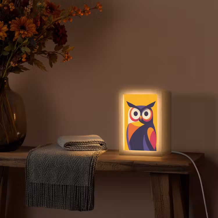 Uil - Grafisch - Kleurrijk - Ogen Light Box met kabel (Tafellamp) klein -sfeer4