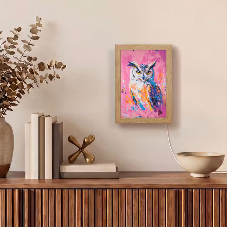 Uil - Roze - Blauw - Verf - Abstract Light Box met kabel (Tafellamp) klein -sfeer2