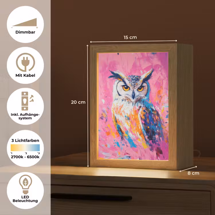 Uil - Roze - Blauw - Verf - Abstract Light Box met kabel (Tafellamp) klein -USP_DE