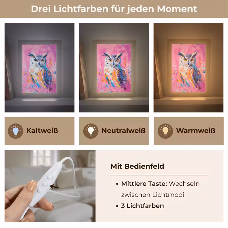Uil - Roze - Blauw - Verf - Abstract Light Box met kabel (Tafellamp) klein -USP_lichtkleurDE