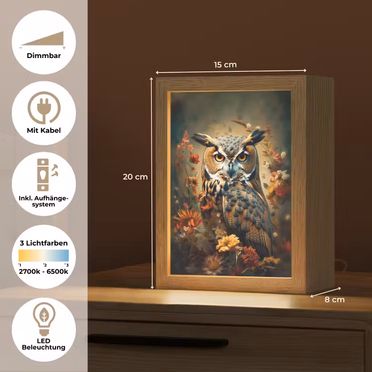 Uil - Vogel - Bloemen - Planten - Botanisch Light Box met kabel (Tafellamp) klein -USP_DE
