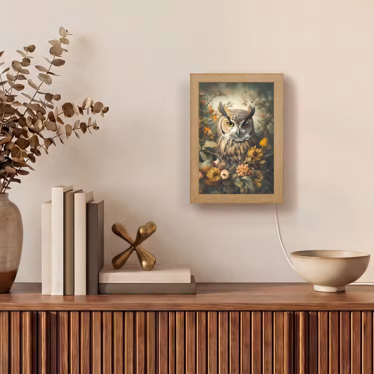 Uil - Vogels - Bloemen - Natuur Light Box met kabel (Tafellamp) klein -sfeer2
