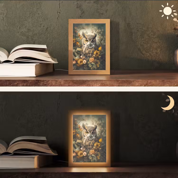 Uil - Vogels - Bloemen - Natuur Light Box met kabel (Tafellamp) klein -sfeer3