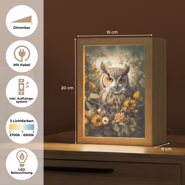 Uil - Vogels - Bloemen - Natuur Light Box met kabel (Tafellamp) klein -USP_DE