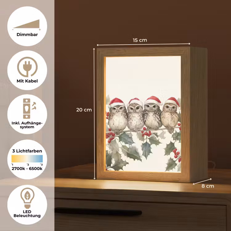Uilen - Tak - Hulstblaadjes - Kerstmuts Light Box met kabel (Tafellamp) klein -USP_DE