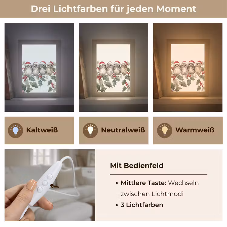 Uilen - Tak - Hulstblaadjes - Kerstmuts Light Box met kabel (Tafellamp) klein -USP_lichtkleurDE
