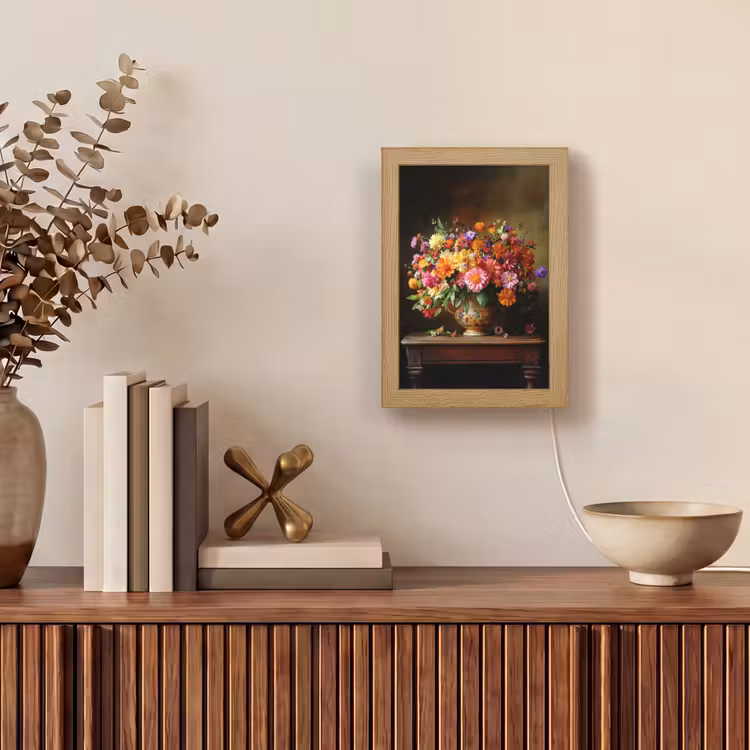 Kleuren - Boeket - Vaas - Hout Light Box met kabel (Tafellamp) klein -sfeer2