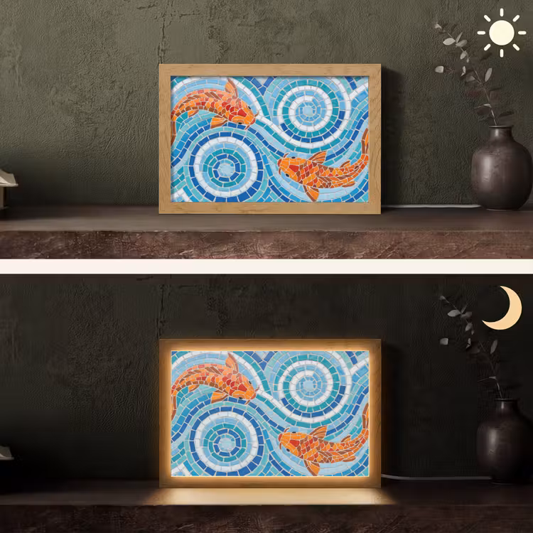 Vis - Mozaïek - Water - Decoratief - Blauw Light Box met kabel (Tafellamp) klein -sfeer3