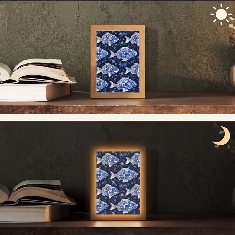 Vissen - Bloemen - Blauw Light Box met kabel (Tafellamp) klein 925 -sfeer3
