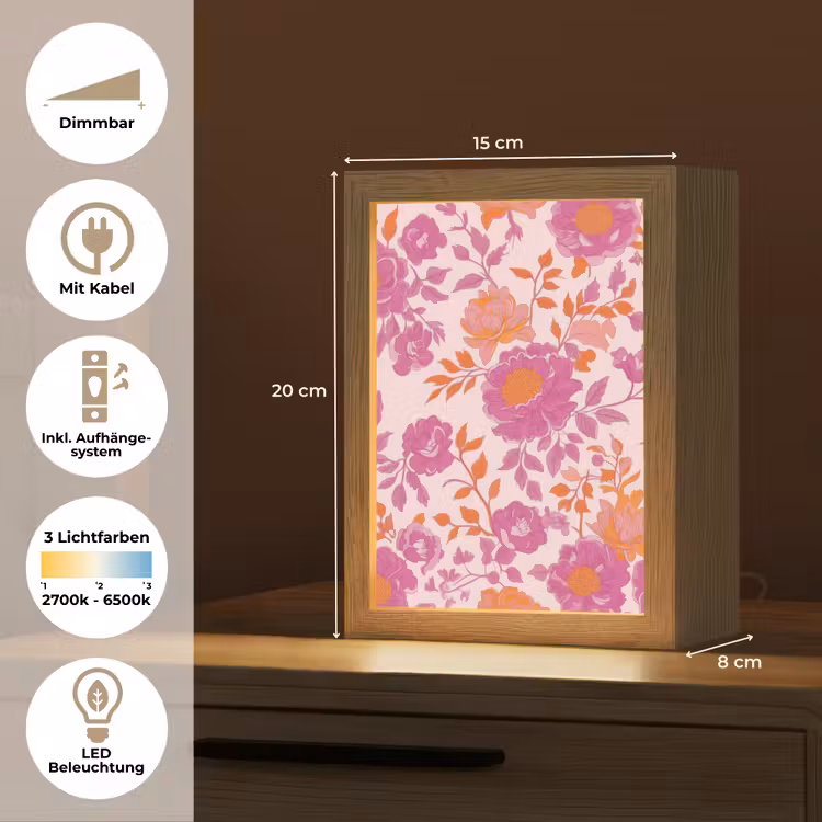 Bloemenpatroon - Roze - Oranje - Bloemen Light Box met kabel (Tafellamp) klein -USP_DE
