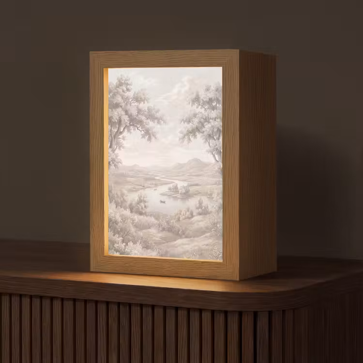 Rivierlandschap - Bergen - Natuur - Vintage - Beige Light Box met kabel (Tafellamp) klein -z3d_website
