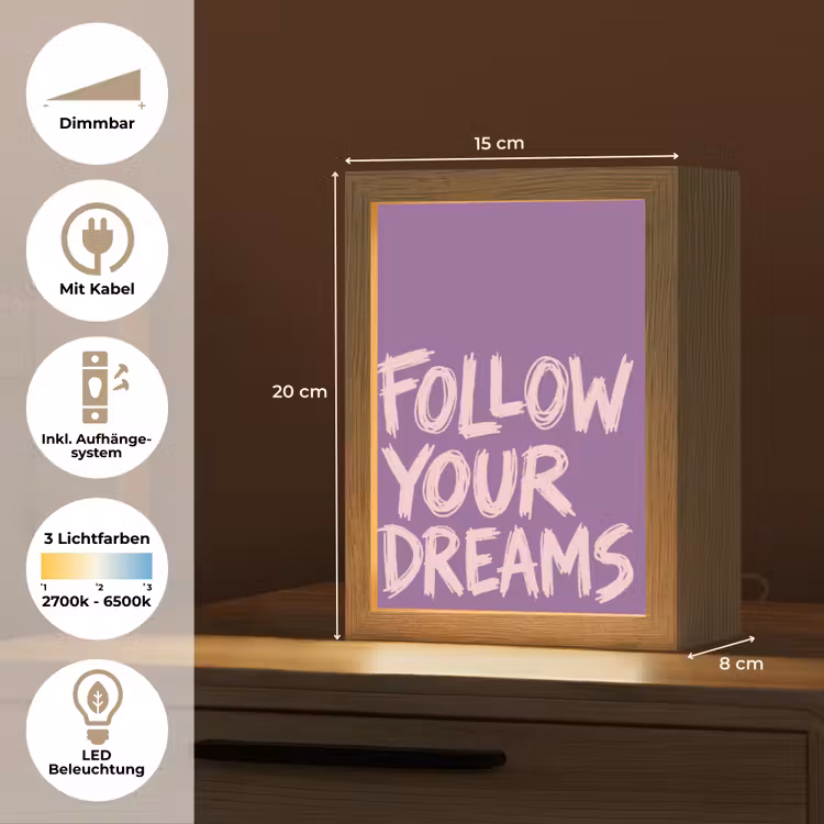 Follow your dreams - Paars - Penseeltextuur Light Box met kabel (Tafellamp) klein -USP_DE