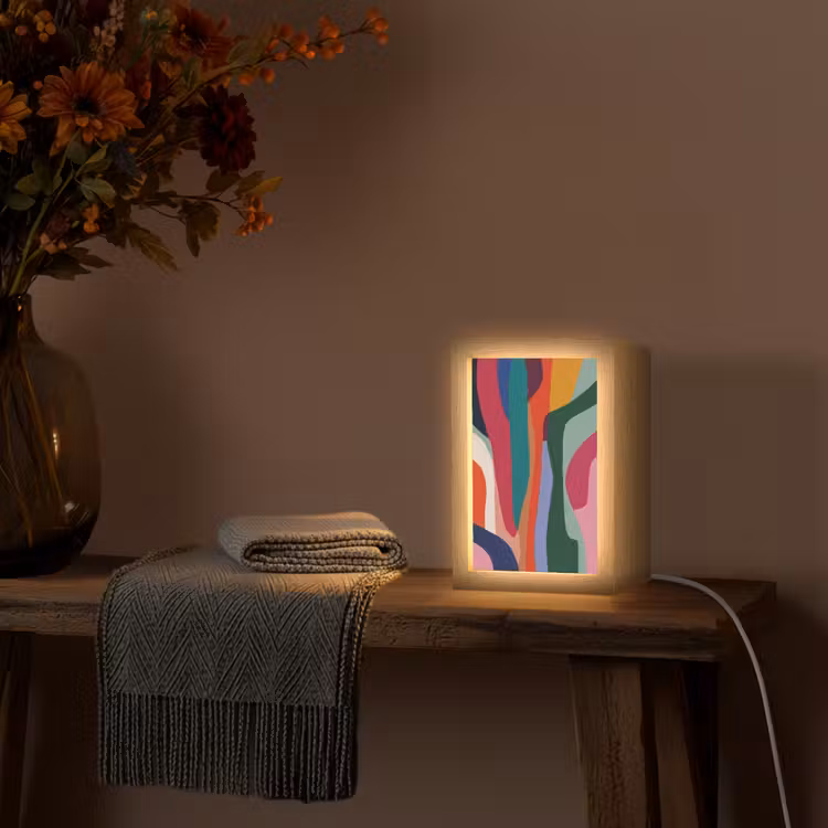 Vormen - Bochten - Kleurrijk - Abstract Light Box met kabel (Tafellamp) klein -sfeer4