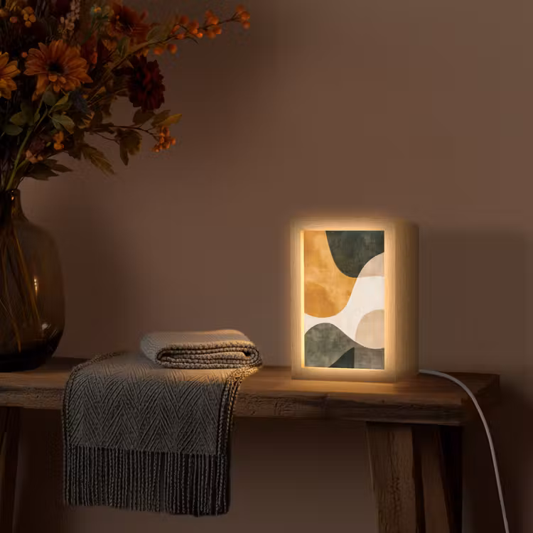 Vormen - Okergeel - Abstract Light Box met kabel (Tafellamp) klein -sfeer4