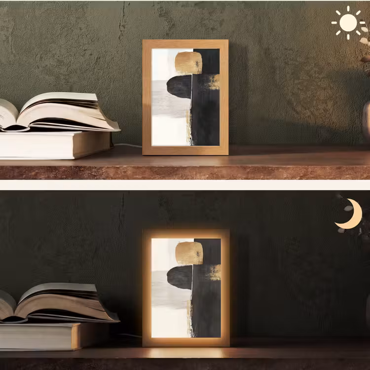 Vormen - Penseelstreken - Abstract - Goud Light Box met kabel (Tafellamp) klein -sfeer3