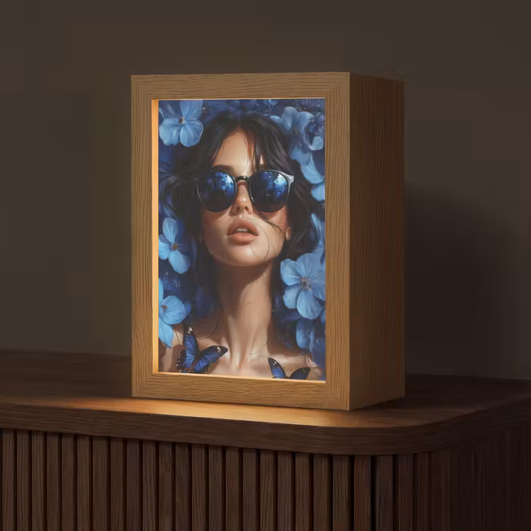 Vrouw - Blauw - Bloemen - Vlinders - Natuur Light Box met kabel (Tafellamp) klein -z3d_website