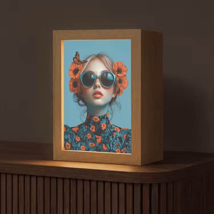 Vrouw - Blauw - Vlinder - Bloemen - Aesthetic Light Box met kabel (Tafellamp) klein -z3d_website