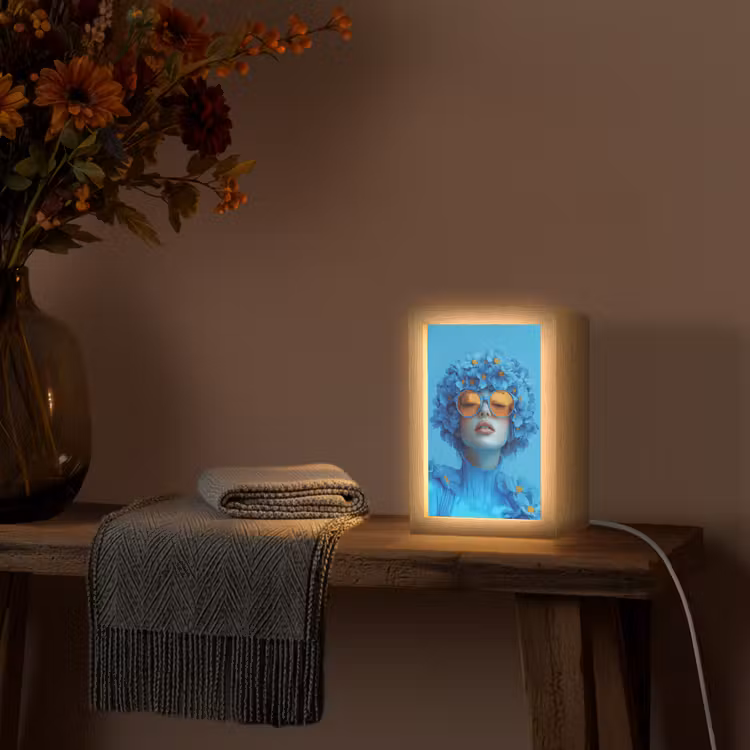 Vrouw - Bloem - Blauw - Modern - Bril - Portret Light Box met kabel (Tafellamp) klein -sfeer4
