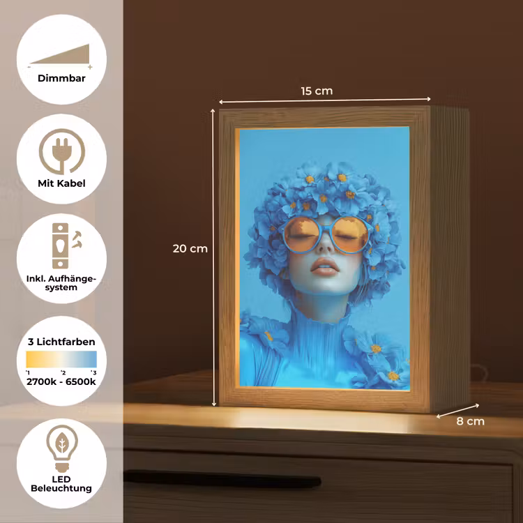 Vrouw - Bloem - Blauw - Modern - Bril - Portret Light Box met kabel (Tafellamp) klein -USP_DE