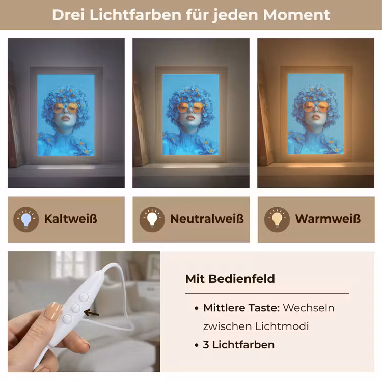 Vrouw - Bloem - Blauw - Modern - Bril - Portret Light Box met kabel (Tafellamp) klein -USP_lichtkleurDE