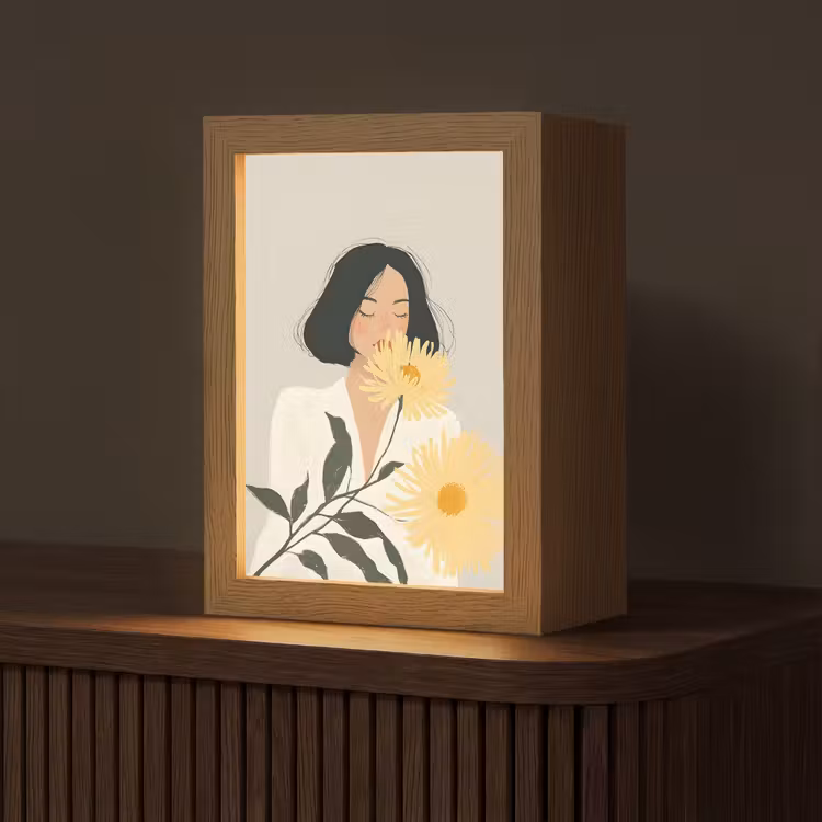 Vrouw - Bloem - Geel - Minimalistisch Light Box met kabel (Tafellamp) klein -z3d_website