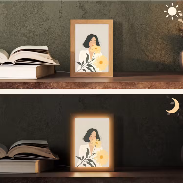 Vrouw - Bloem - Geel - Minimalistisch Light Box met kabel (Tafellamp) klein -sfeer3