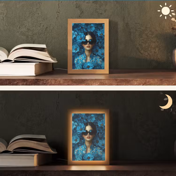 Vrouw - Bloemen - Blauw - Aesthetic - Luxe Light Box met kabel (Tafellamp) klein -sfeer3