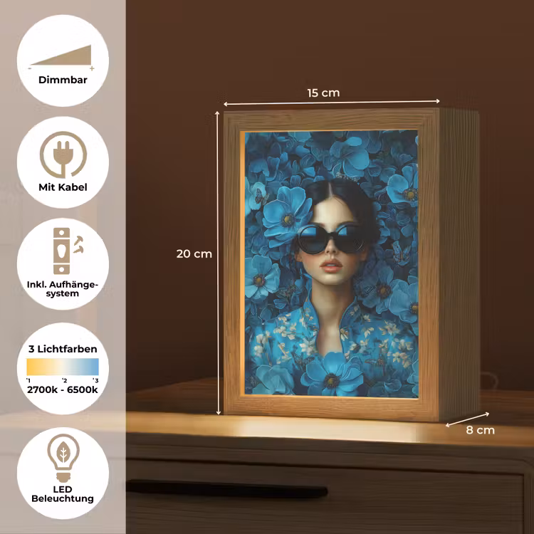 Vrouw - Bloemen - Blauw - Aesthetic - Luxe Light Box met kabel (Tafellamp) klein -USP_DE