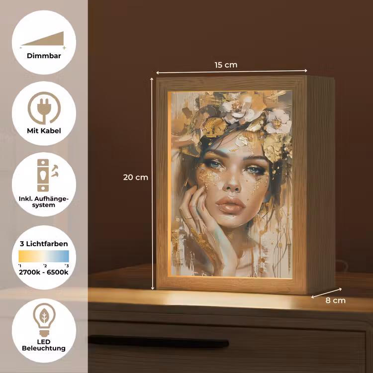 Vrouw - Bloemen - Goud - Portret Light Box met kabel (Tafellamp) klein -USP_DE