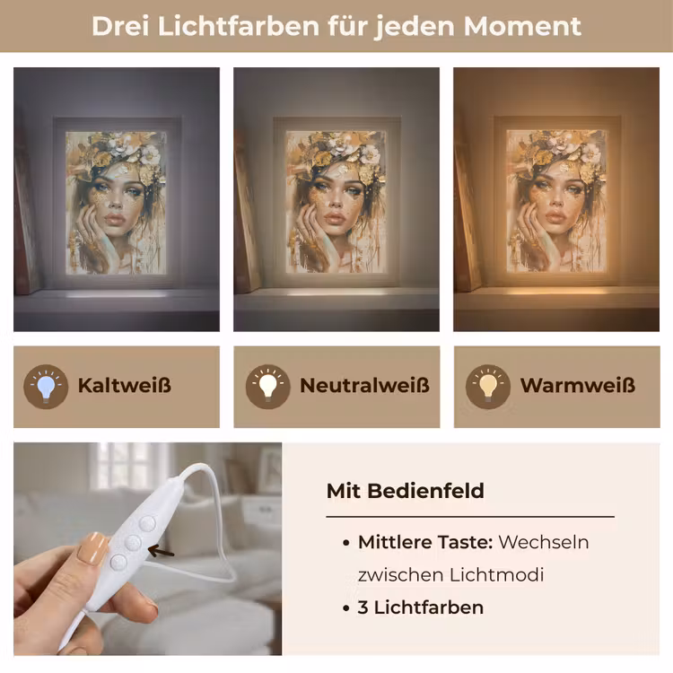 Vrouw - Bloemen - Goud - Portret Light Box met kabel (Tafellamp) klein -USP_lichtkleurDE