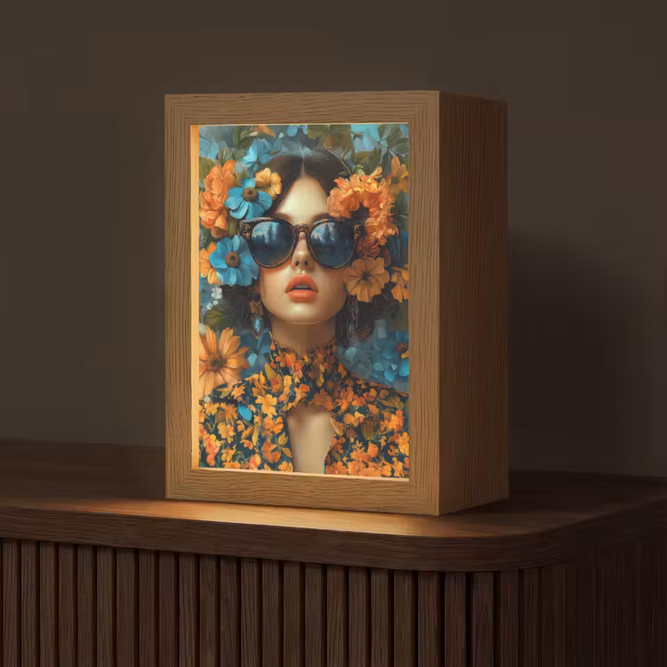 Vrouw - Bloemen - Oranje - Blauw - Modern Light Box met kabel (Tafellamp) klein -z3d_website