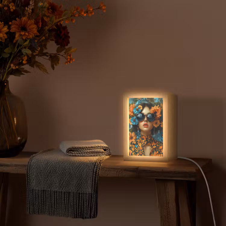 Vrouw - Bloemen - Oranje - Blauw - Modern Light Box met kabel (Tafellamp) klein -sfeer4