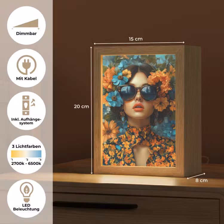 Vrouw - Bloemen - Oranje - Blauw - Modern Light Box met kabel (Tafellamp) klein -USP_DE