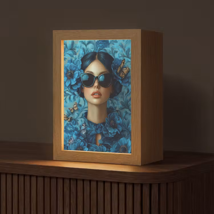 Vrouw - Bloemen - Vlinders - Blauw - Abstract Light Box met kabel (Tafellamp) klein -z3d_website