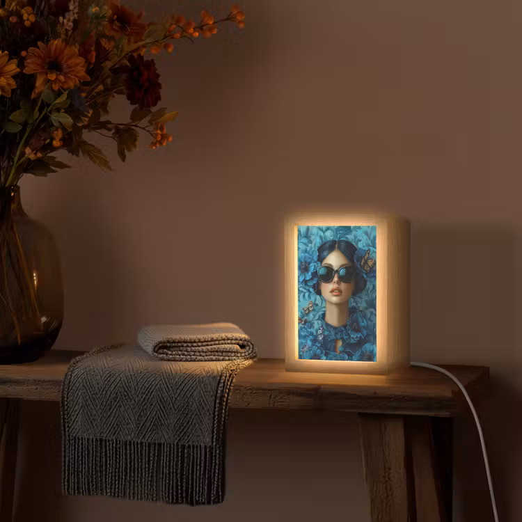 Vrouw - Bloemen - Vlinders - Blauw - Abstract Light Box met kabel (Tafellamp) klein -sfeer4