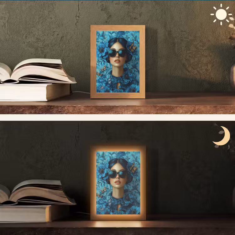 Vrouw - Bloemen - Vlinders - Blauw - Abstract Light Box met kabel (Tafellamp) klein -sfeer3