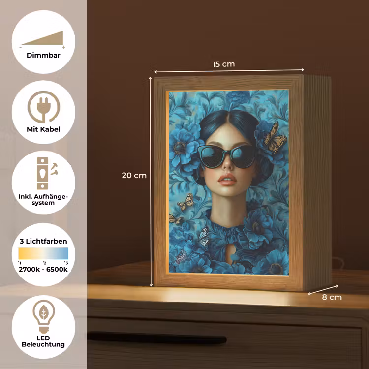 Vrouw - Bloemen - Vlinders - Blauw - Abstract Light Box met kabel (Tafellamp) klein -USP_DE