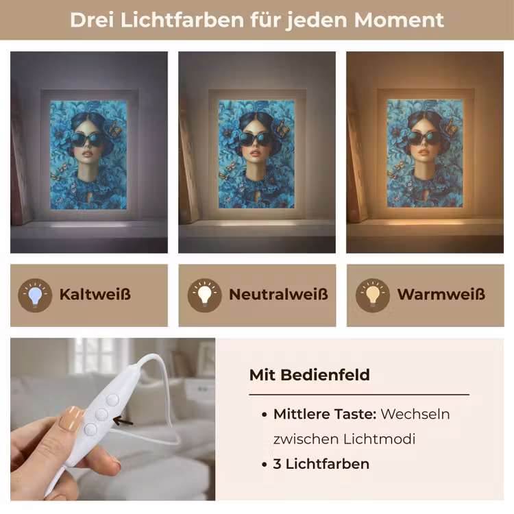 Vrouw - Bloemen - Vlinders - Blauw - Abstract Light Box met kabel (Tafellamp) klein -USP_lichtkleurDE